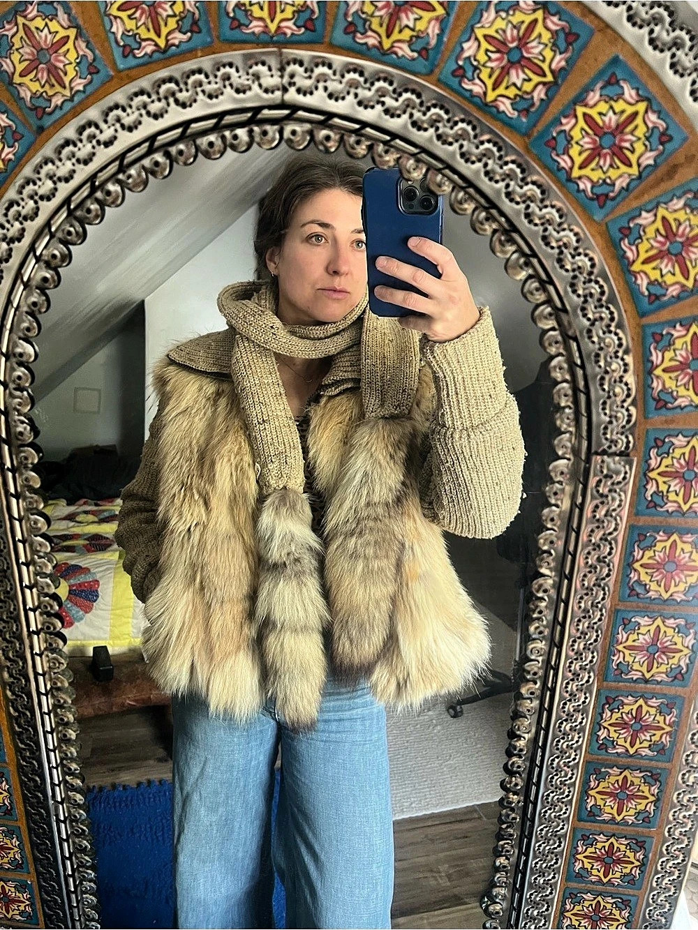 Fur Knit Jacket in Brown & Cream